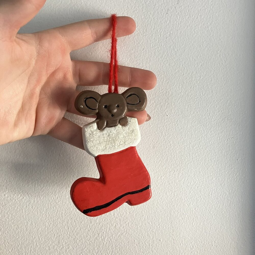 Vintage Handmade Ceramic Mouse In Red Christmas Stocking Holiday Signed